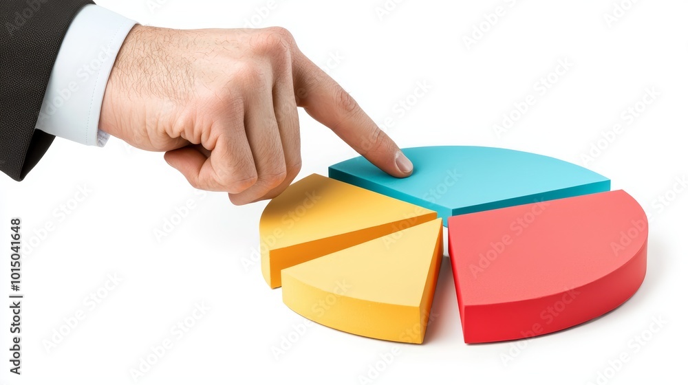 Poster hand pointing at a colorful pie chart on a white background illustrating data analysis and business 