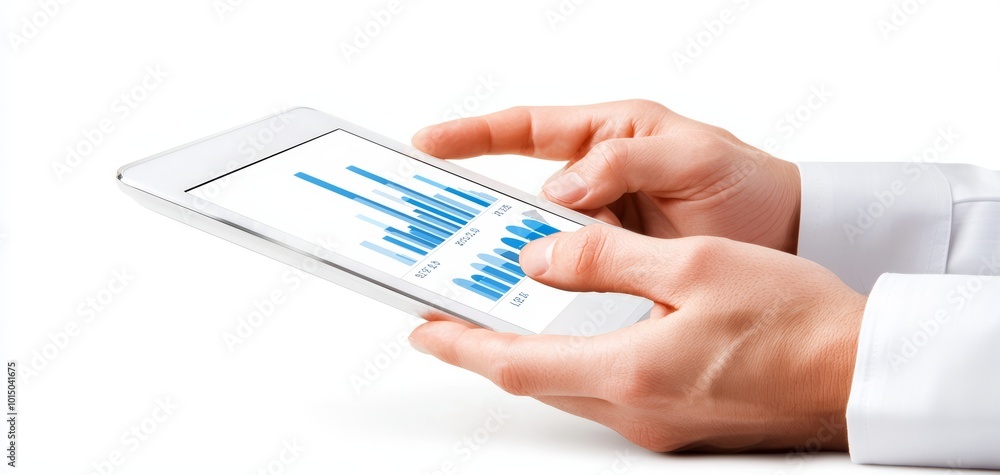 Poster hands holding a tablet displaying a bar graph analysis on a white isolated background.