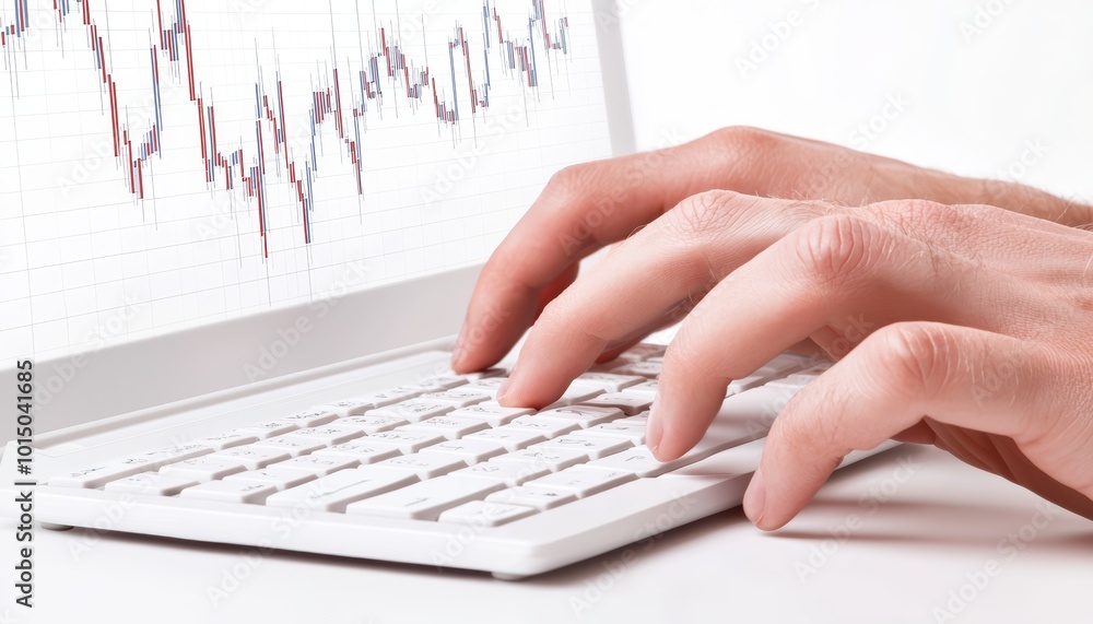 Poster hands typing on a keyboard with a stock market graph displayed on the screen.