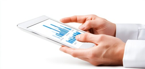 Hands holding a tablet displaying a bar graph analysis on a white isolated background.