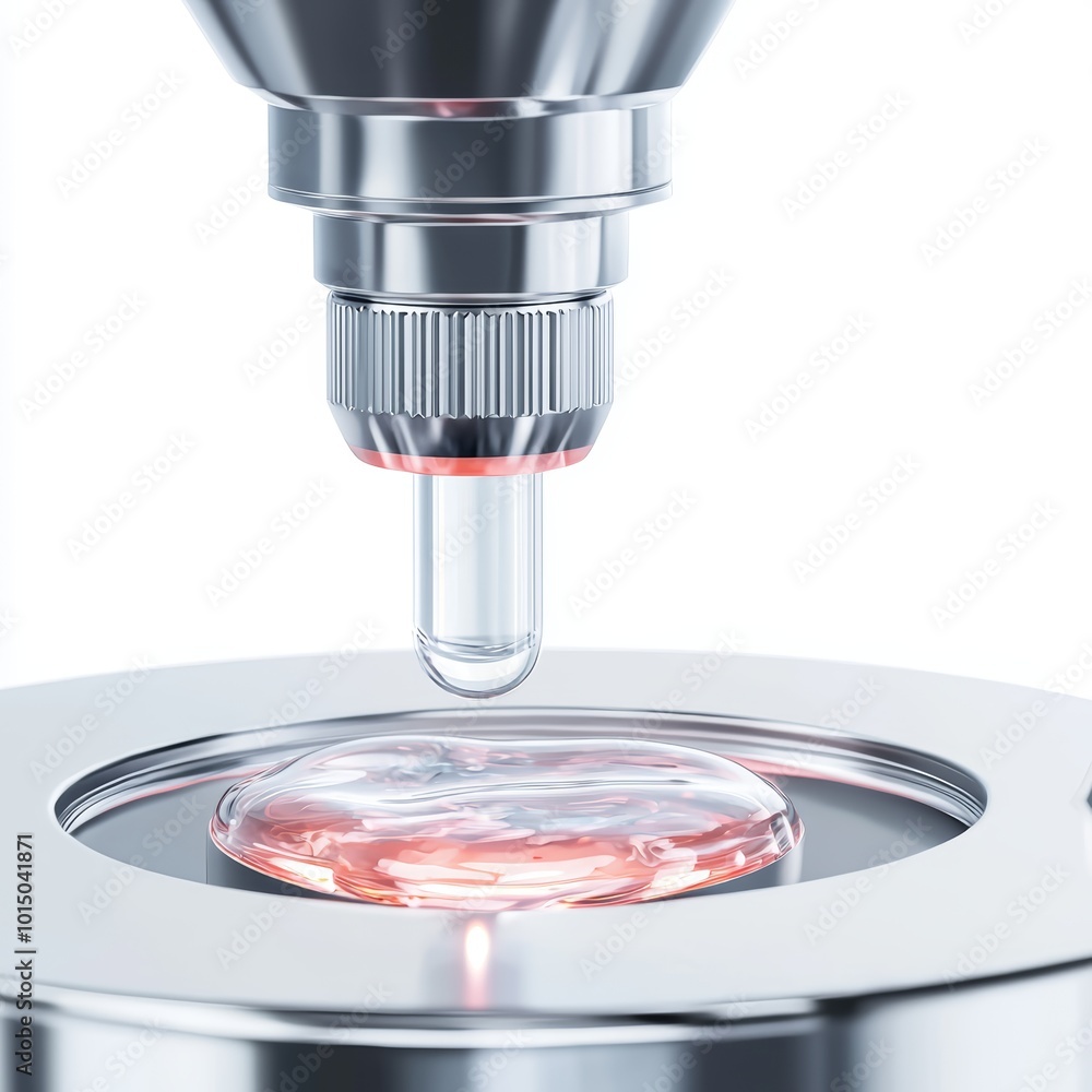 Poster microscope focusing on a sample drop in laboratory environment, showcasing precision in scientific r