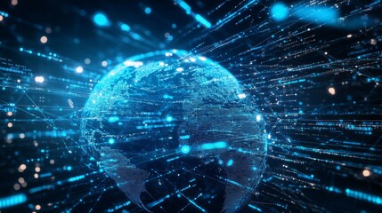 Digital representation of Earth with data streams and technology.
