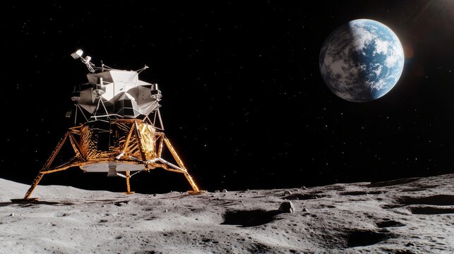 Lunar module on the moon's surface, with Earth visible in the backdrop, showcasing space exploration and scientific achievement.