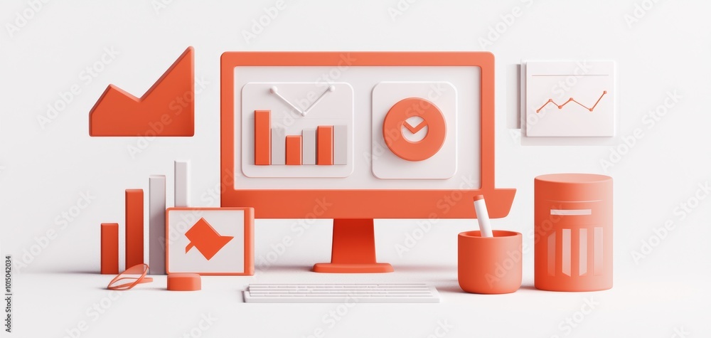 Poster modern computer workspace with orange-themed charts and graphs on a white background.