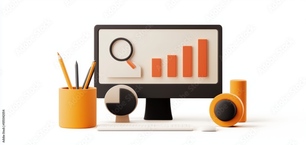 Poster modern desktop setup featuring a computer, chart, and stationery items on a white isolated backgroun