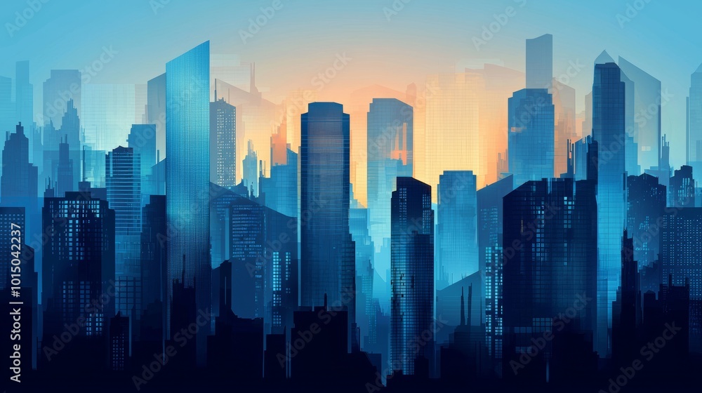 Wall mural glass city abstract silhouette, matte glass dark blue background ,simplified graphic, skyscrapers, p