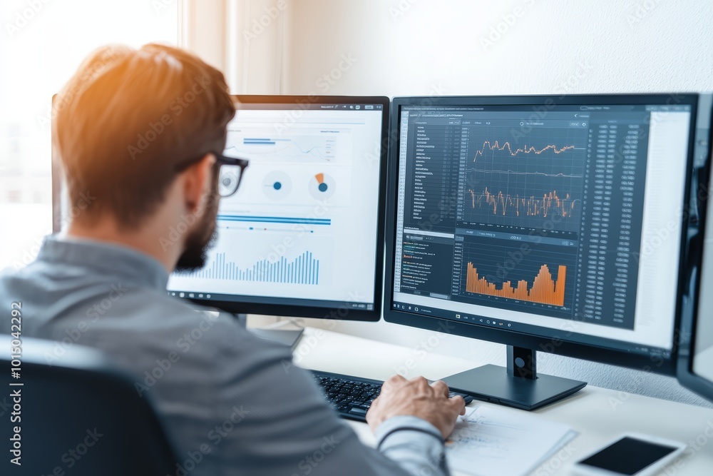 Poster professional man analyzing data on dual monitors in a modern office setting, focused on digital tren