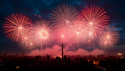 Obraz premium Panoramic view of colorful fireworks lighting up the sky on New Year's Eve, creating a festive celebration backdrop._00001_