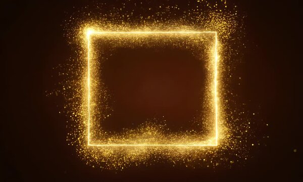 Christmas Golden square rectangle frame Portal with glowing golden sparkles and glitter particles on black background with golden bokeh, VFX
