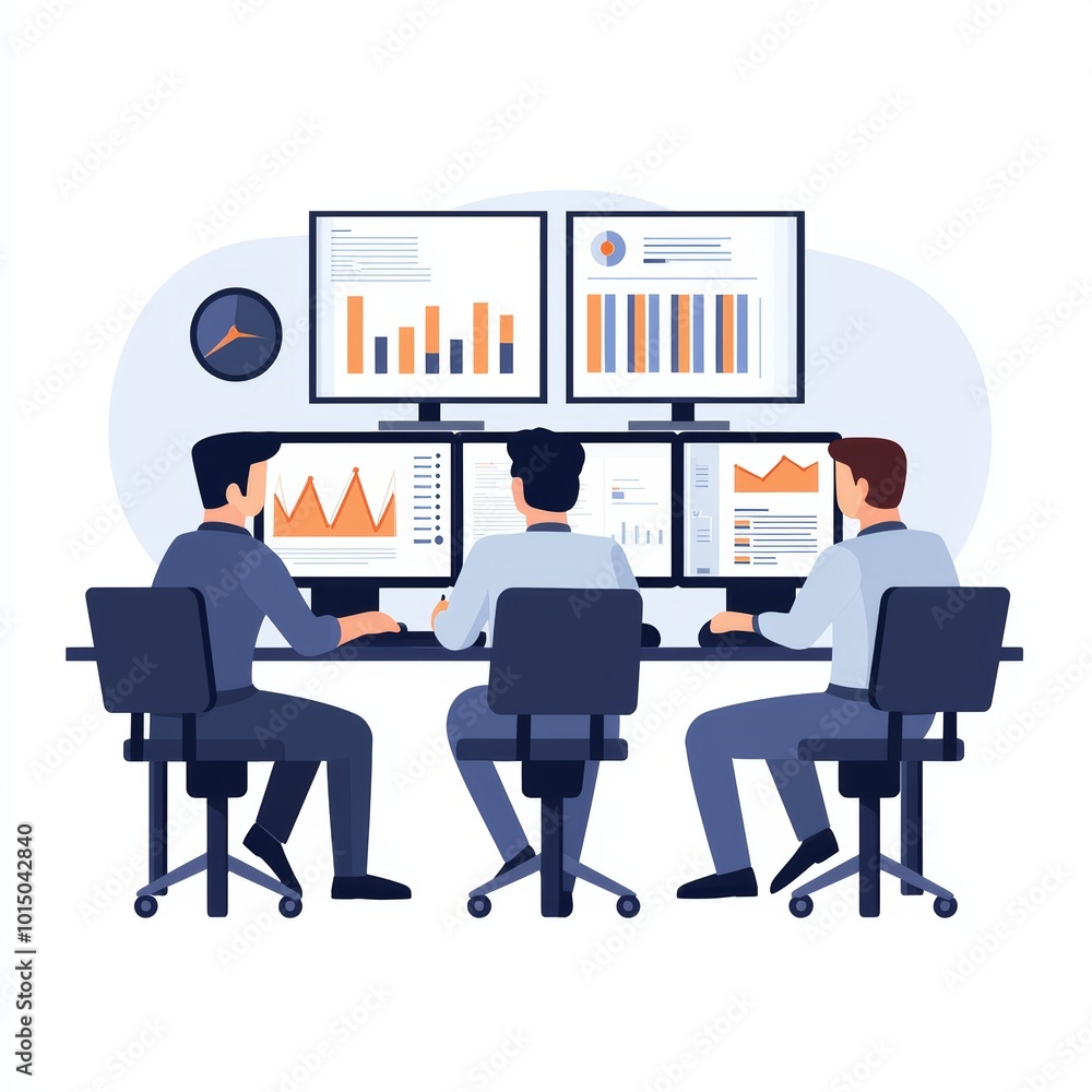Poster three professionals analyzing data on multiple screens in a modern office setting.