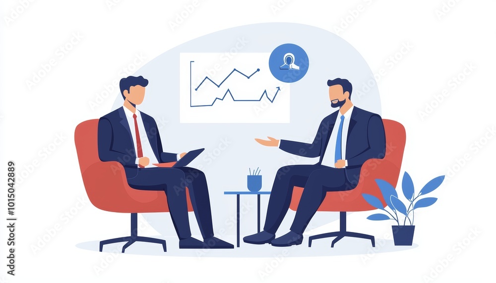 Poster two business professionals discussing strategies in a modern office setting with charts and analytic
