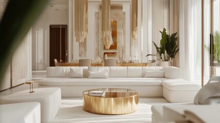 Modern Living Room Interior Design with White Sofa, Gold Coffee Table and Pendant Lights 3d animation