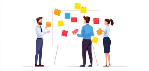 Fototapeta premium Three professionals collaborating on a project with sticky notes on a whiteboard.