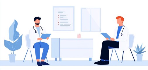Two doctors consulting in a modern clinic setting with plants and medical charts.