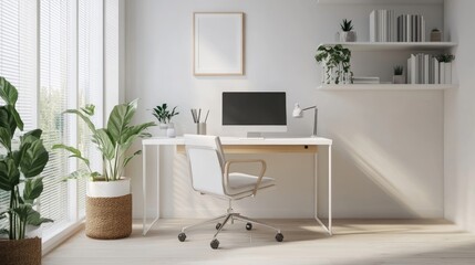 Minimalist Home Office Workspace with White Desk, Chair, and Dacor 3d animation