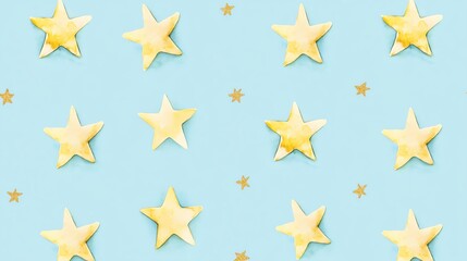 Pattern of yellow stars on a soft blue background, creating a whimsical, dreamy aesthetic. Perfect for design projects and creative concepts.