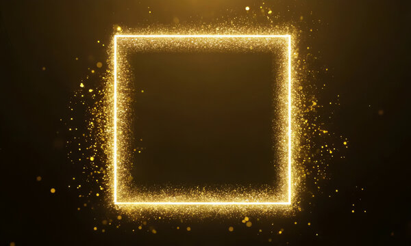 Christmas Golden square rectangle frame Portal with glowing golden sparkles and glitter particles on black background with golden bokeh, VFX