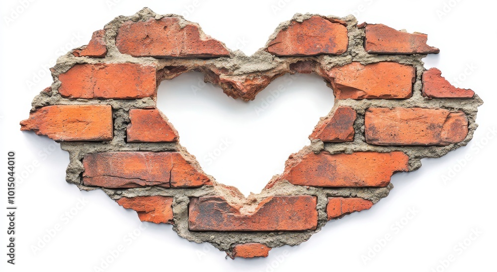 Wall mural an exposed red brick in a heart-shaped hole in a crumbling brick wall - a symbol of love, resilience