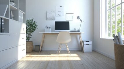 Modern Home Office Interior with White Desk, Chair, and Storage Units 3d animation