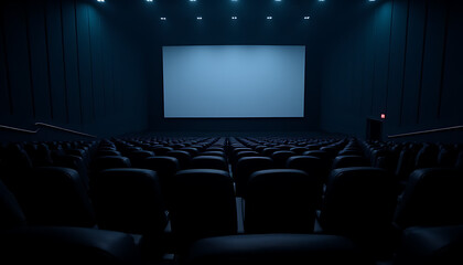 Rows of sleek black seats in a spacious, dimly lit cinema hall, illuminated by the glowing screen._00001_