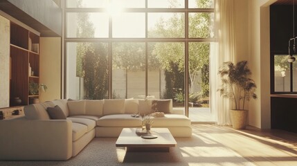 Modern living room interior with large windows and comfortable furniture 3d animation