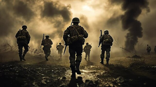 Military, war and soldier by smoke for target, battlefield or fight in forest with army uniform, guns and protection. Warzone, warrior and person in camp look at apocalypse in woods for defense duty