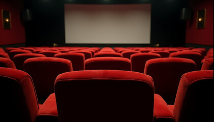 Obraz premium Rows of velvet seats in a vintage cinema hall, bathed in the soft light of an empty screen._00001_