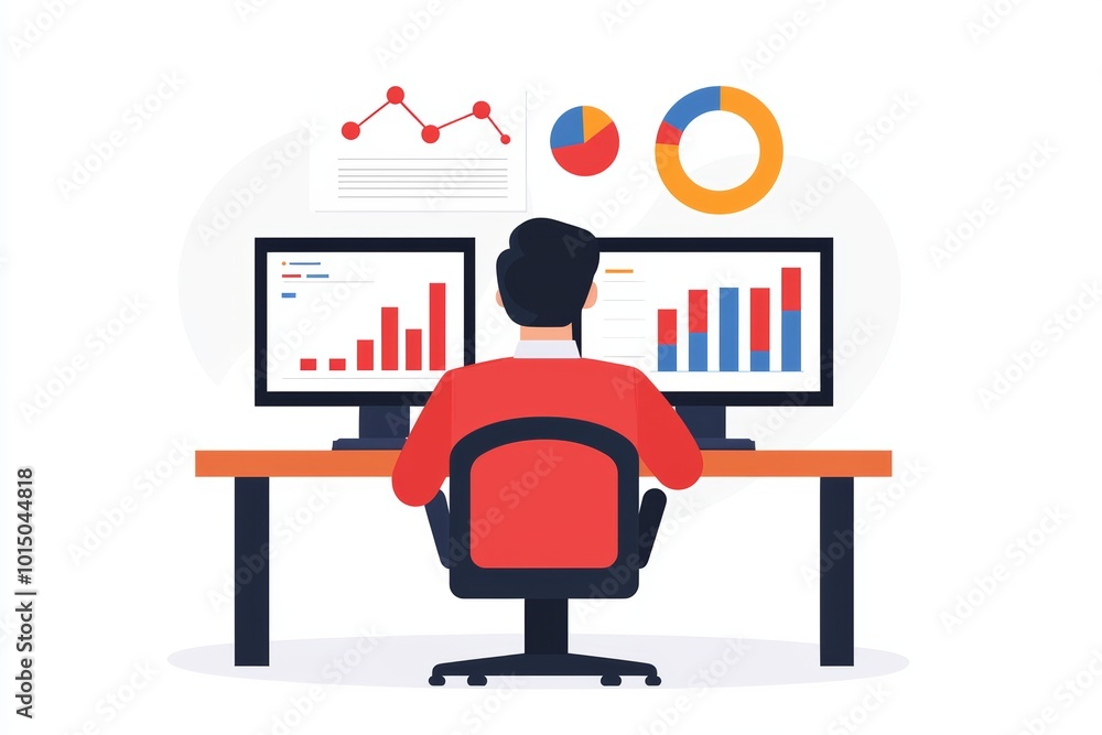 Poster a person analyzing data on dual screens with colorful graphs and charts, representing modern busines