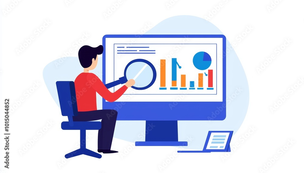 Poster a person analyzing data on computer screens with charts and graphs, demonstrating data-driven decisi