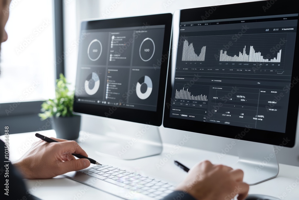 Poster a professional analyzing data on dual monitors in a modern office setting, focusing on charts and an