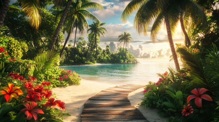 Fototapeta premium A tropical beach surrounded by palm trees and vibrant flowers on a sunny day near clear blue waters
