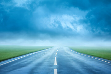 Misty road stretches into the distance under a dramatic blue sky before a potential storm