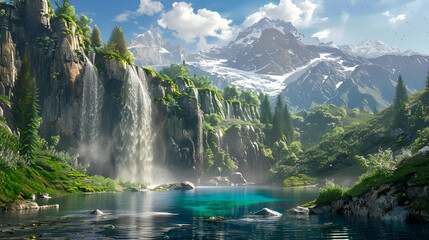 Lake in the mountains. Waterfalls, Photo Wallpapers, 3d illustration. 3d Image