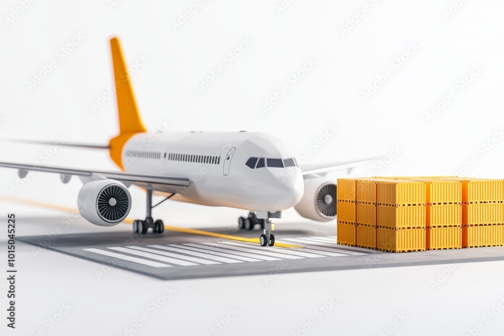 Poster airplane model with cargo crates on a runway, white isolated background.