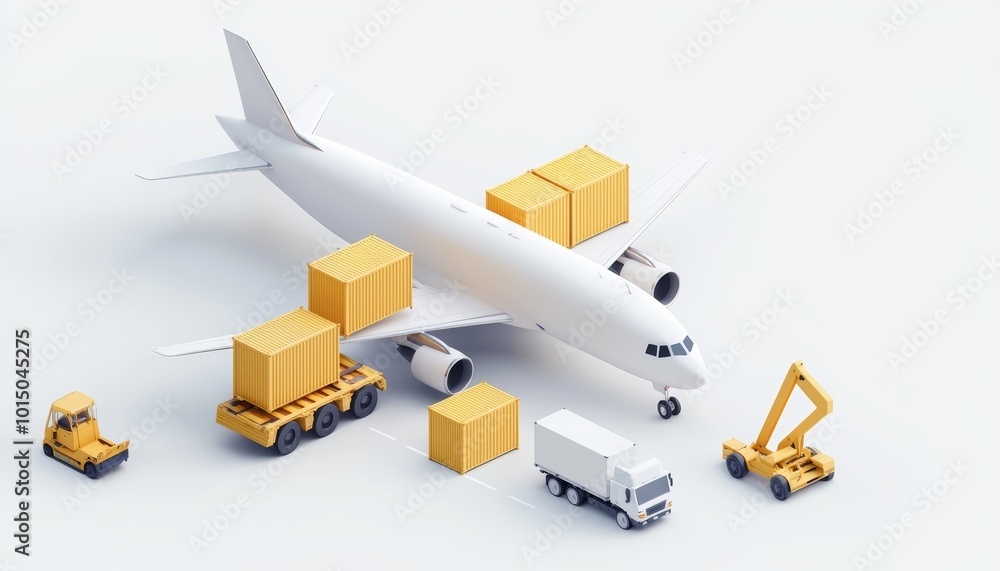 Poster airplane with cargo boxes and vehicles for loading and unloading on a clean background.
