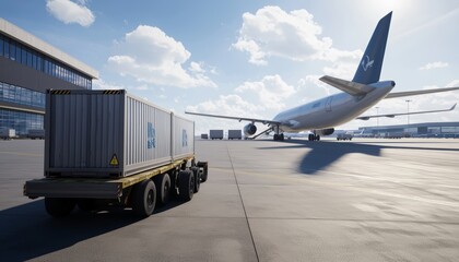 Fototapeta premium Airplane preparing for takeoff with cargo truck on tarmac under a blue sky, showcasing airport operations.
