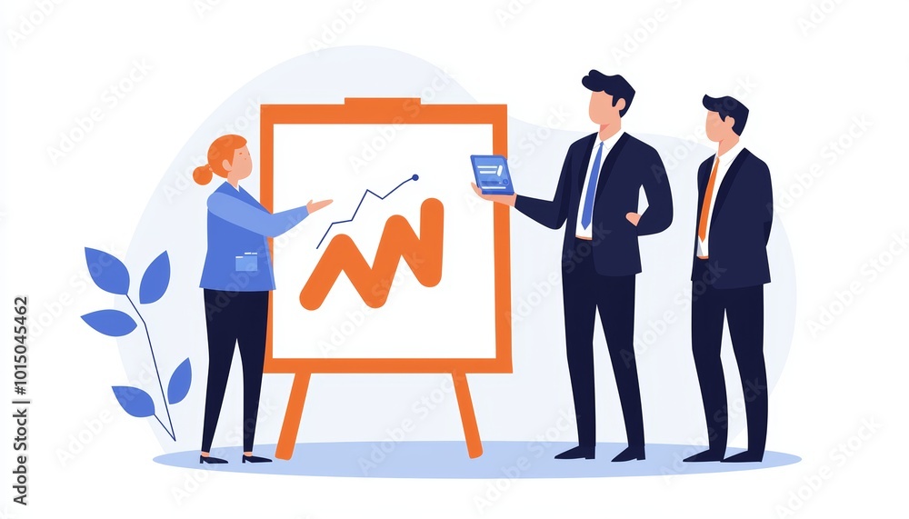 Poster business presentation with a chart on an easel, three professionals discussing data insights.