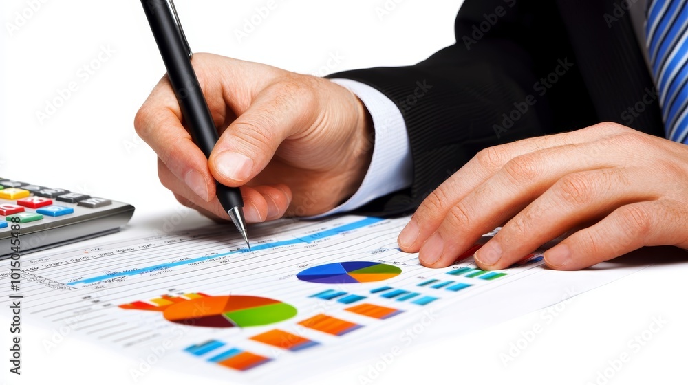 Poster business professional analyzing charts and graphs on paper with a pen and calculator.