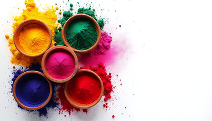 Top-down view of colorful Holi powder arranged in bowls on a white background, ready for a vibrant festival._00001_
