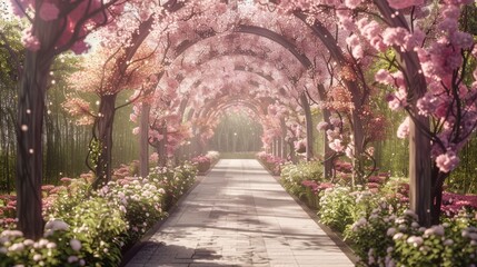 Obraz premium Explore a magical flower tunnel with pink blossoms creating a romantic spring garden corridor