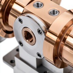 Close-up of a precision mechanical component with copper and silver finishes on a white background.
