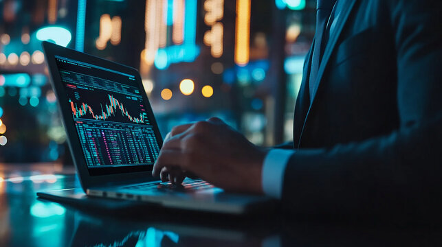 Businessman in a suit checking stock prices on a laptop modern portrait stock market background financial planning