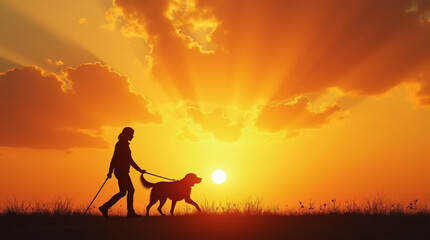 Sonnenuntergangsspaziergang mit Hund auf l&auml;ndlichem Weg