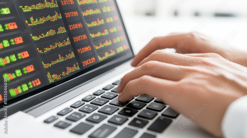 Poster hands typing on a laptop keyboard with stock market data displayed on screen.