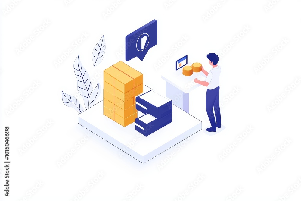 Poster illustration of a person managing inventory with stacked boxes and digital interface elements.