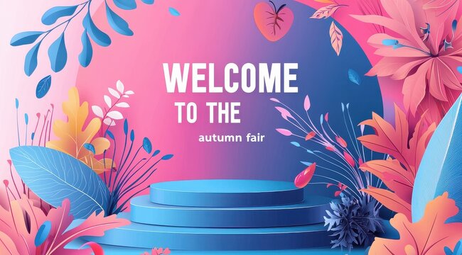 Welcome to the autumn fair: vibrant podium with colorful leaves and modern design - Powered by Adobe