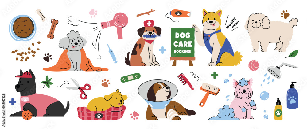 Wall mural cute dogs doodle vector set. cartoon pet character design collection with dog care, dog health, sham