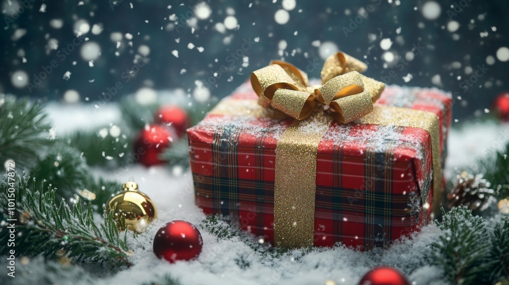 Poster a red gift box with a gold bow and plaid design is covered in a light dusting of snow. the box sits 