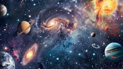 Vibrant outer space scene with diverse planets and swirling nebulae in a cosmic expanse