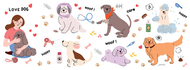 Cute dogs doodle vector set. Cartoon pet character design collection with dog care, dog health, shampoo, toy, ball, dog food, bowl. Set of funny pet animals isolated on white background.
